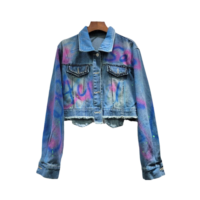 Diamond Embellished Loose Denim Short Jacket