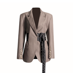 Spliced Double Lace-Up Belt V-Neck Blazer Jacket