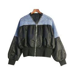 Pleated Color Block Denim Loose Jacket