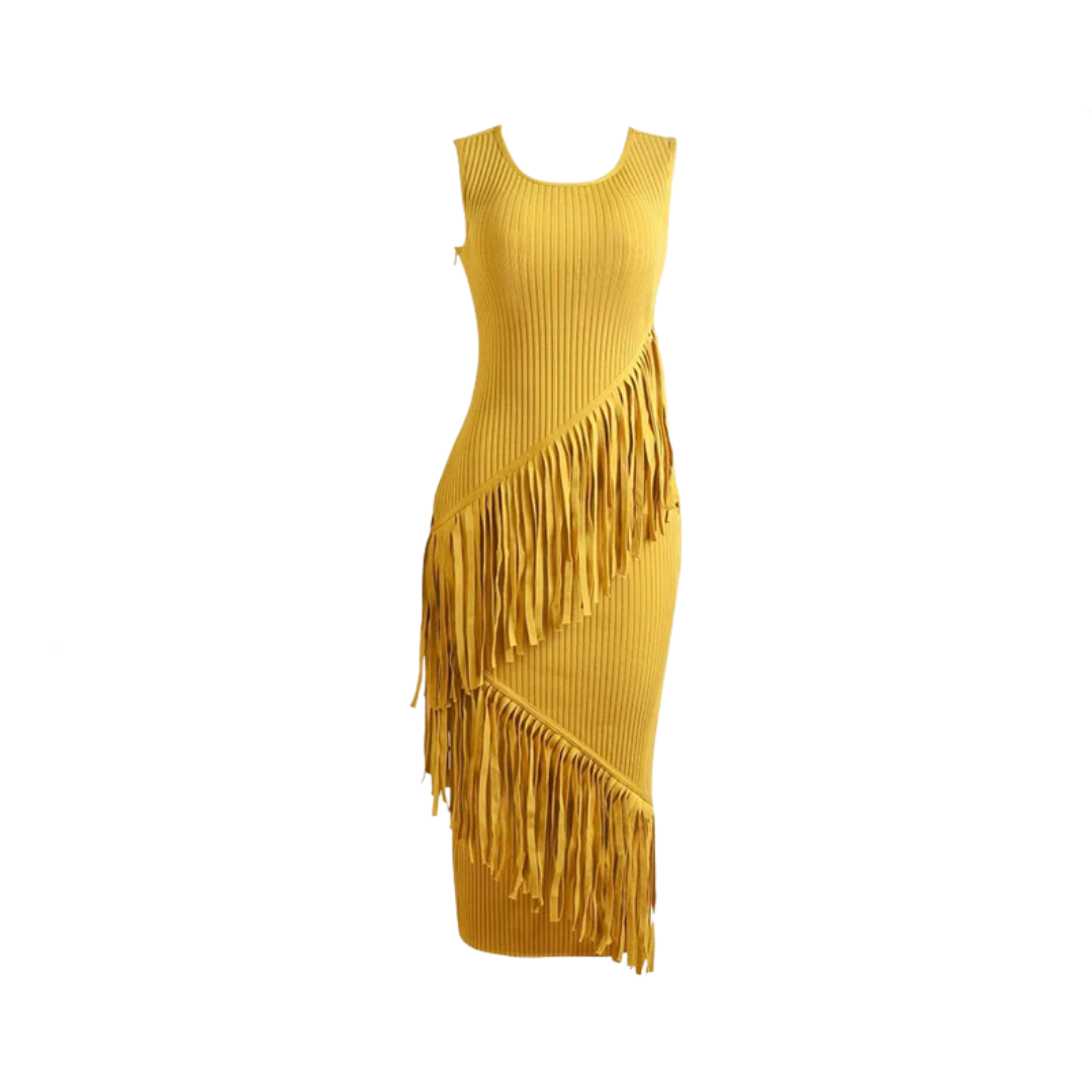 Yellow Tassel Hip Wrap Bandage Dress