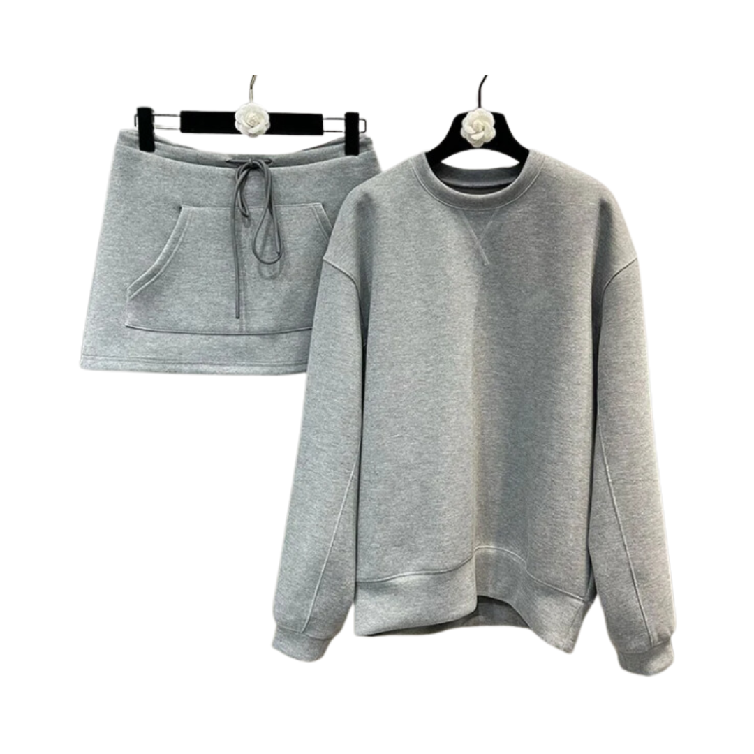 Solid Round Neck Long Sleeve Pullover Sweatshirt + Wrap Hip Skirt