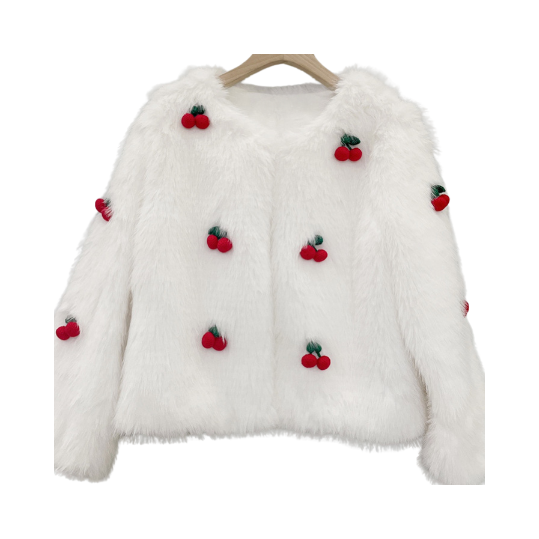 3D Cherry White Fur Jacket