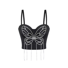 3D Butterfly Rhinestone Hand Beaded Tassel Camisole