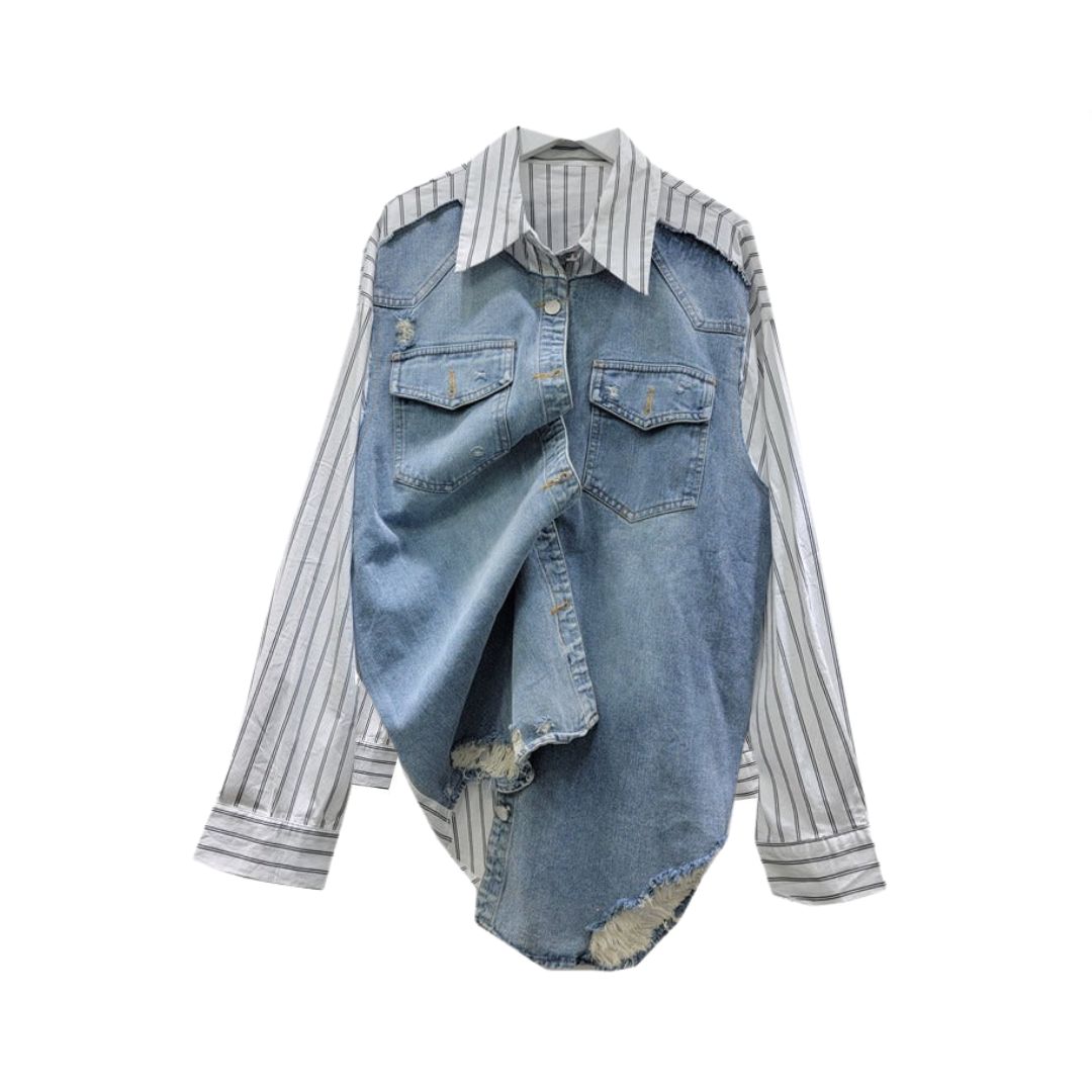 Denim Patchwork Striped Long Sleeved Shirt