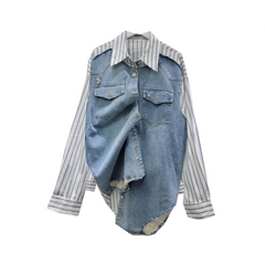 Denim Patchwork Striped Long Sleeved Shirt
