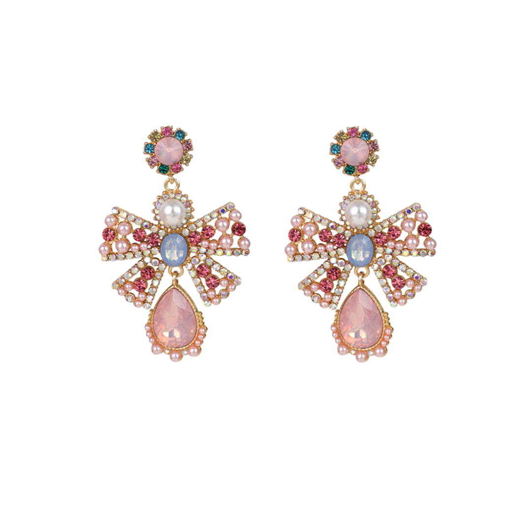Pearl Crystal Glass Metal Bow Earrings