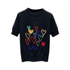 Round Neck Loose Retro Heart Embroidery Knit T-Shirt