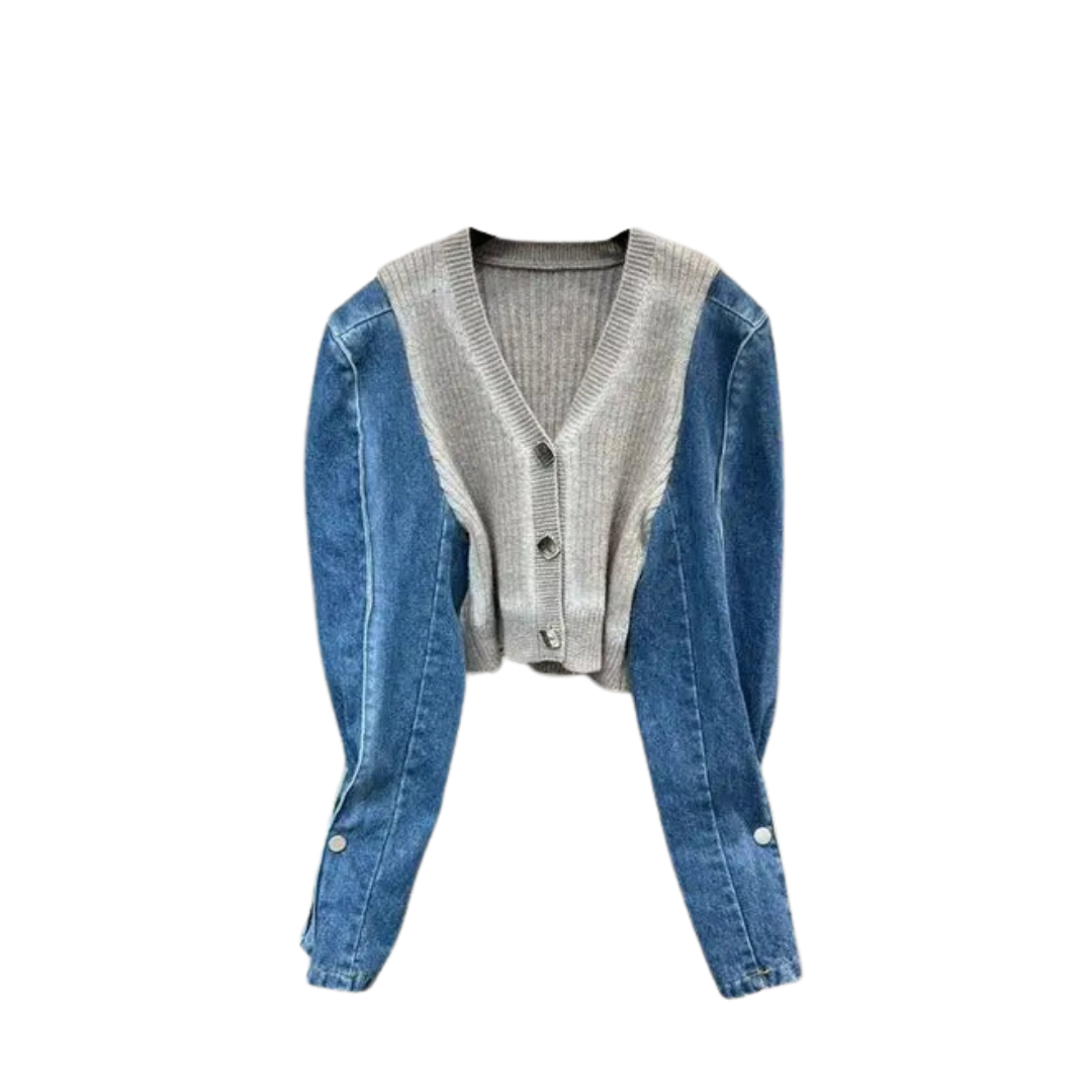 Casual Knit Body Denim Long Sleeve Cardigan