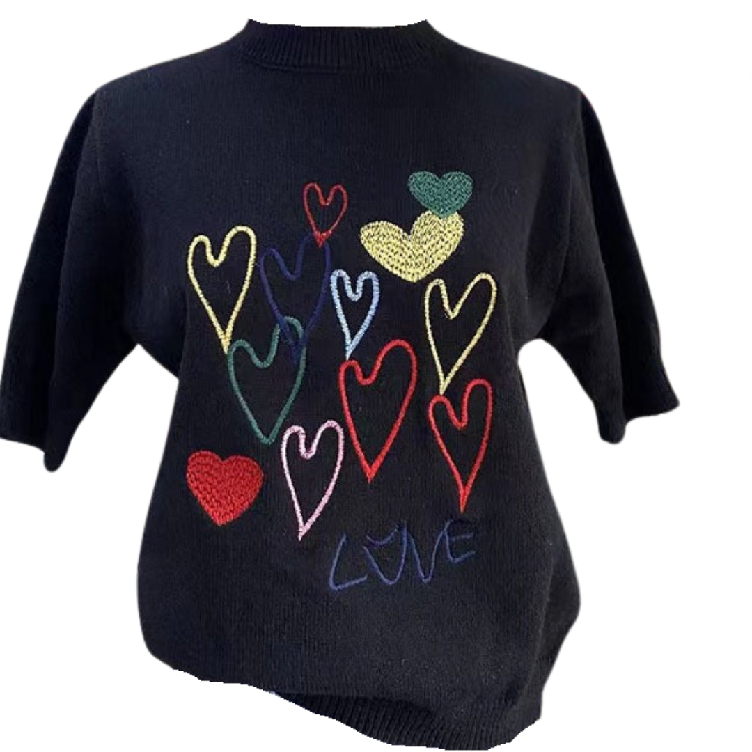 Round Neck Loose Retro Heart Embroidery Knit T-Shirt