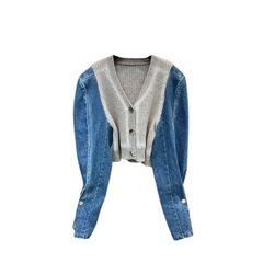 Casual Knit Body Denim Long Sleeve Cardigan