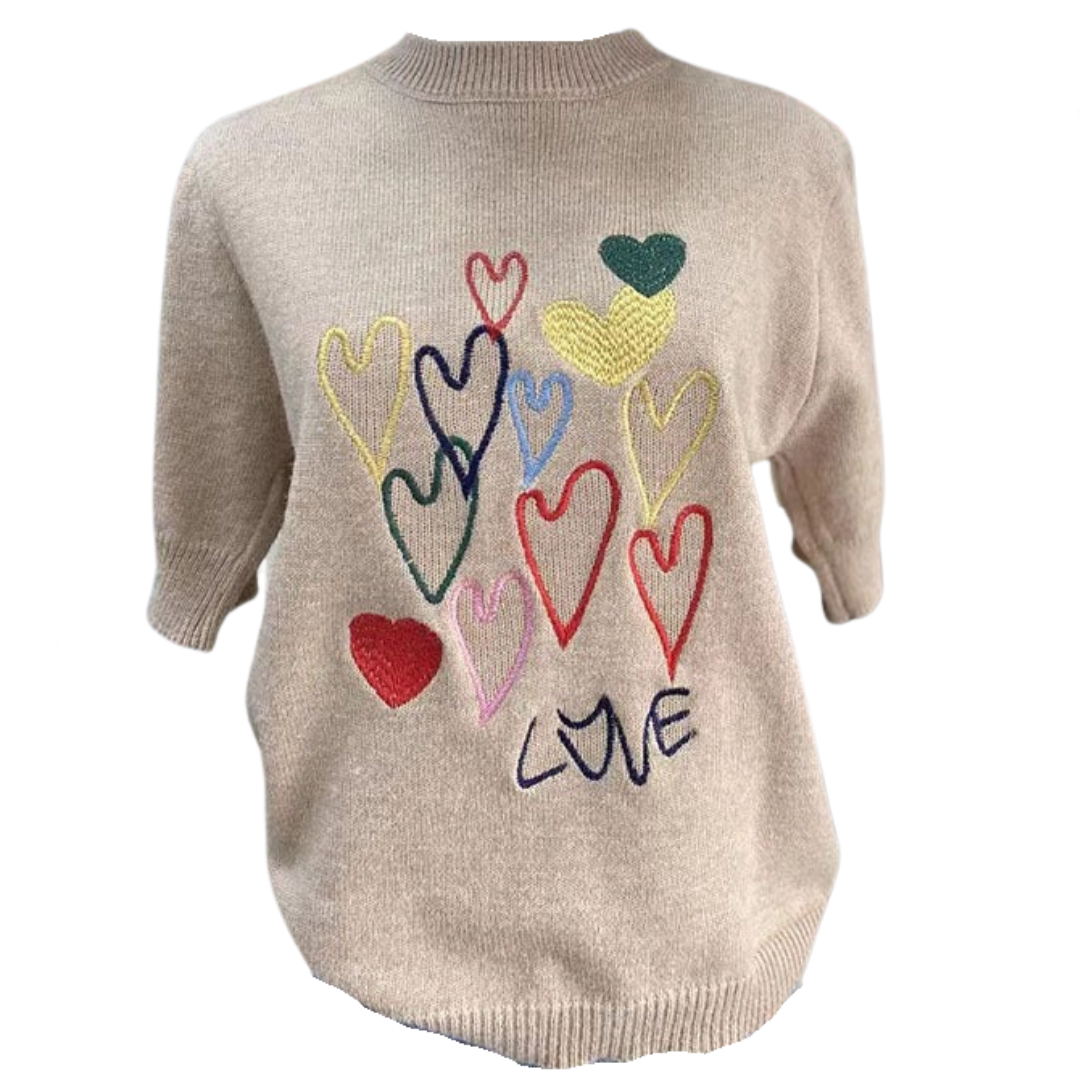 Round Neck Loose Retro Heart Embroidery Knit T-Shirt