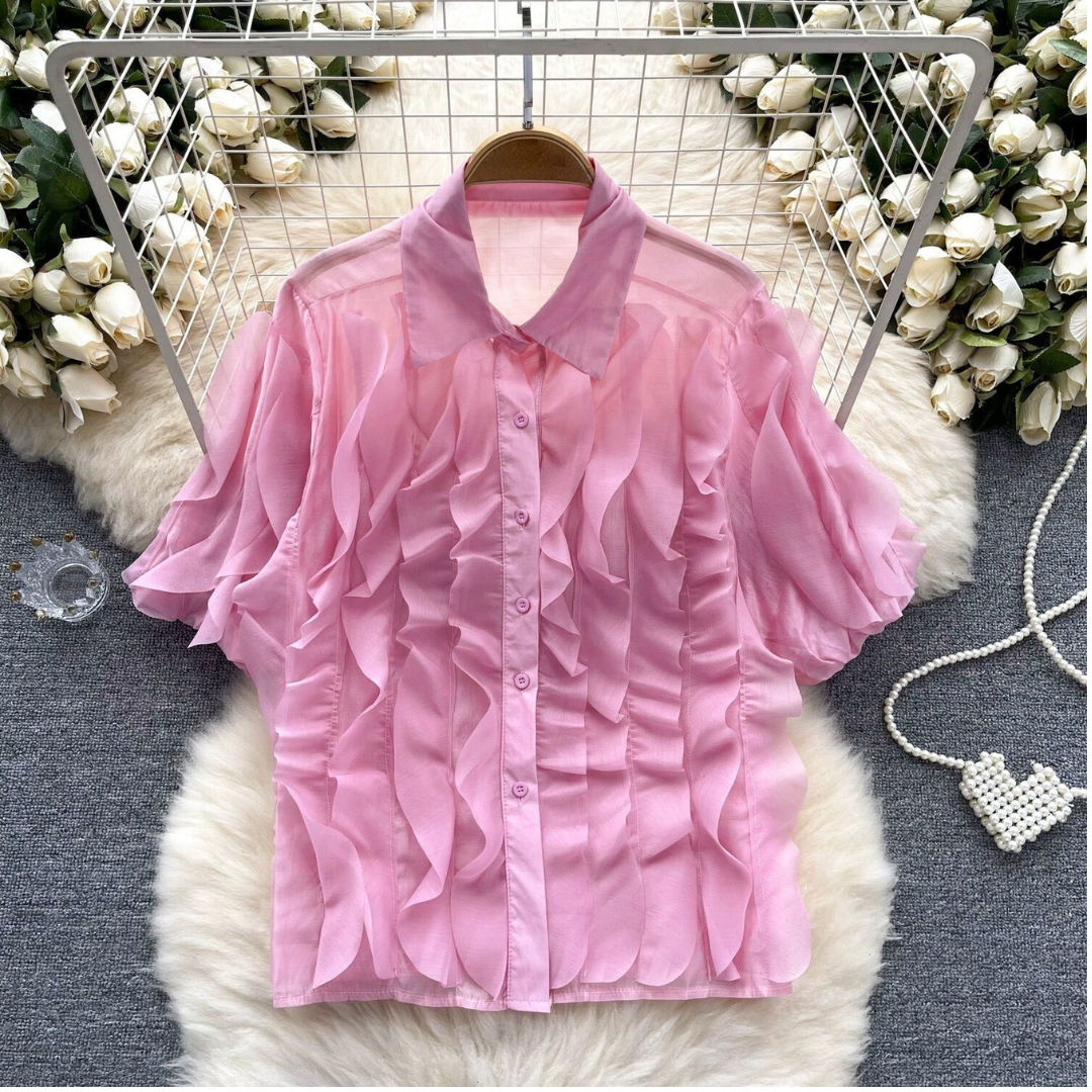 Mesh Ruffle Edge Bubble Sleeve Loose Blouse