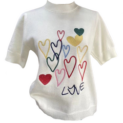 Round Neck Loose Retro Heart Embroidery Knit T-Shirt