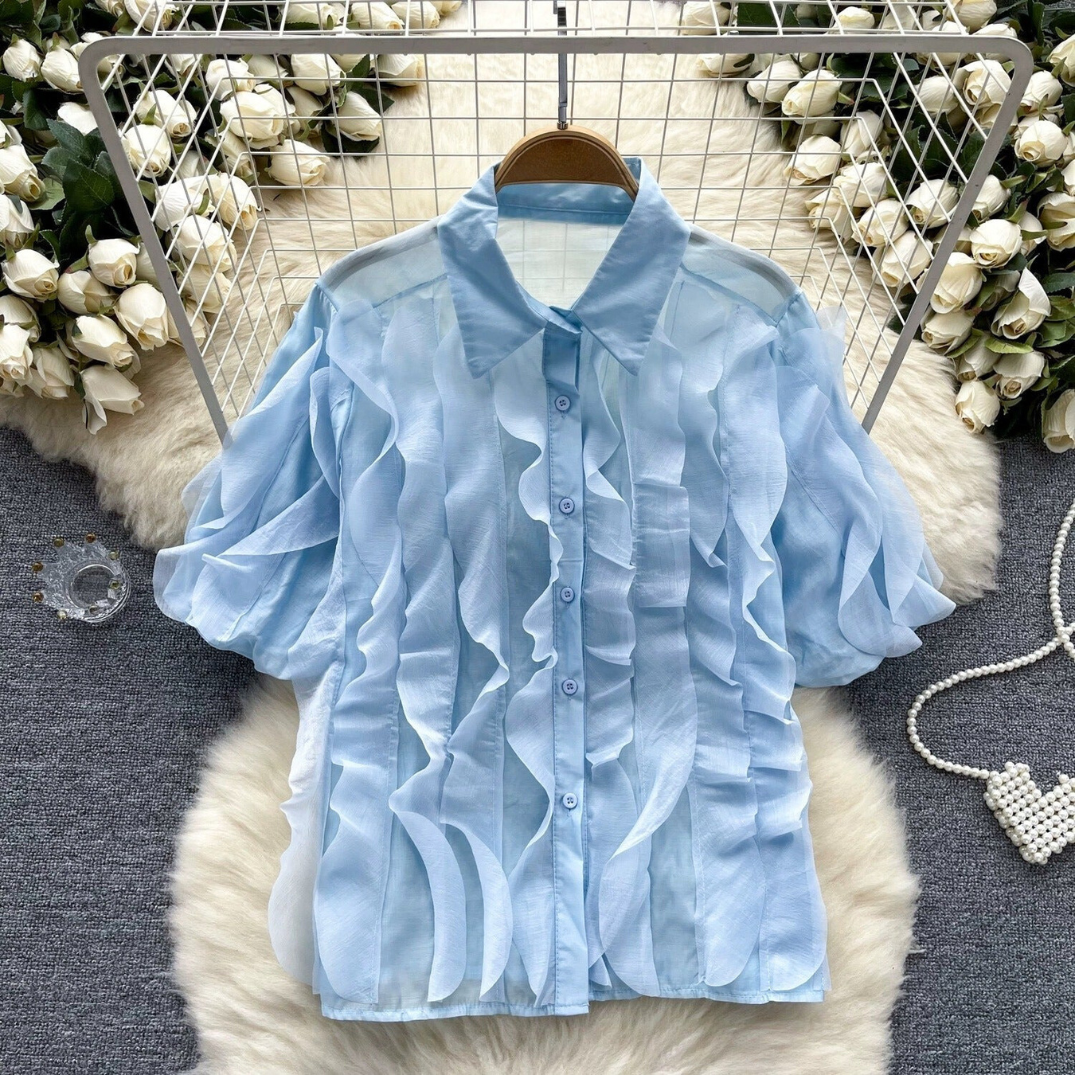 Mesh Ruffle Edge Bubble Sleeve Loose Blouse