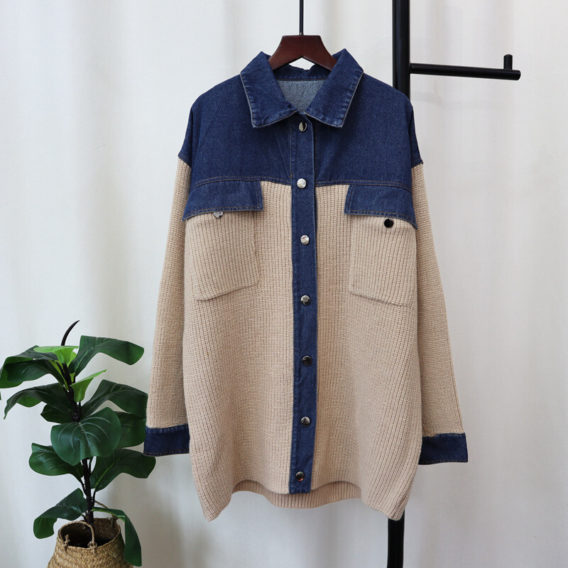 Denim Patchwork Loose Knitted Cardigan