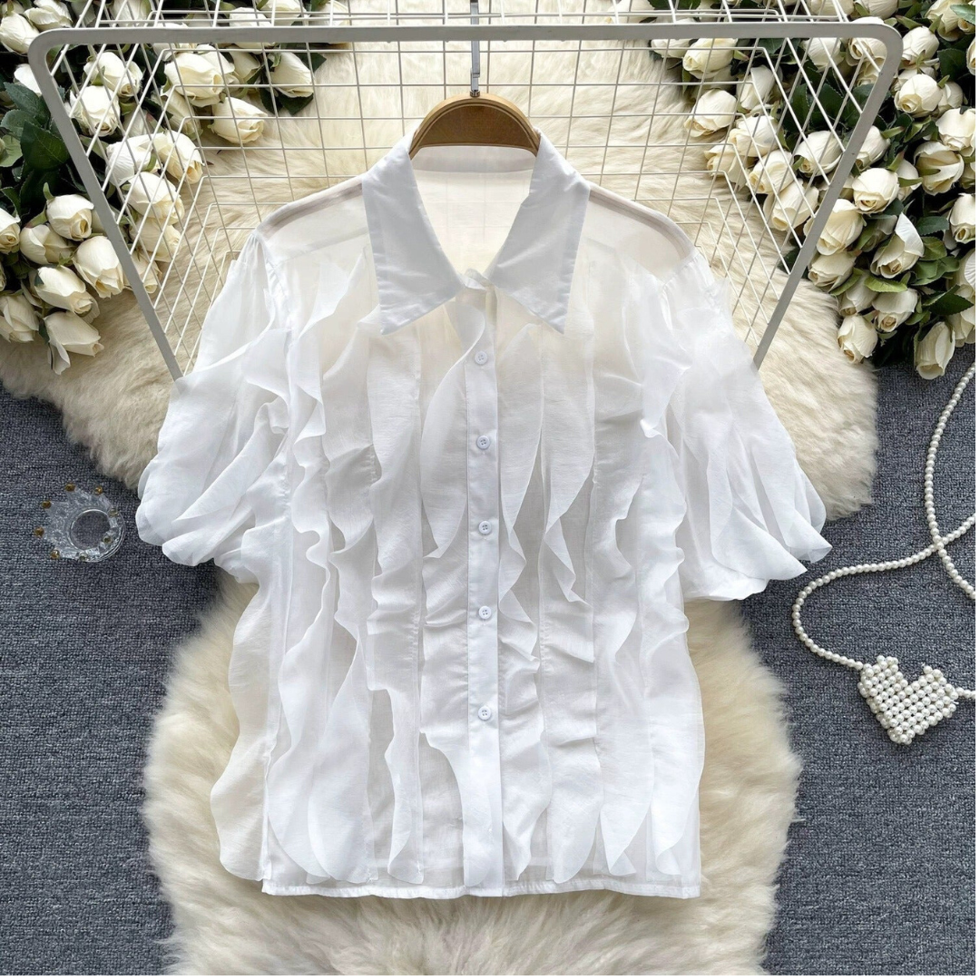 Mesh Ruffle Edge Bubble Sleeve Loose Blouse