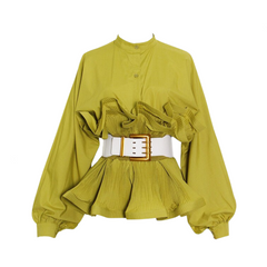 Ruffle Pleated Long Sleeve Belt Blouse