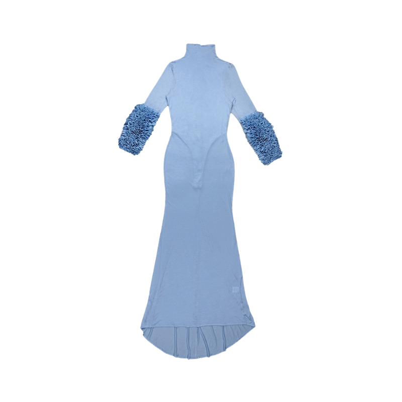 Blue High Neck Feather Long Sleeve Slim Fit Dress