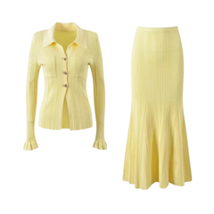 Solid Elastic Knitted Button Down Top + Skirt