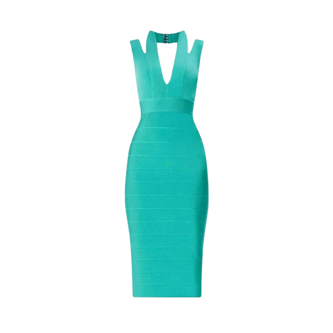 Elegant V-neck Open Back Midi Bandage Dress