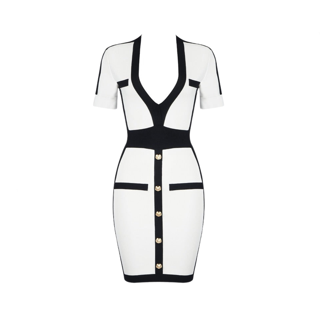 V-Neck Patchwork One Line Button Bodycon Dress