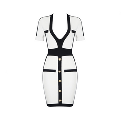 V-Neck Patchwork One Line Button Bodycon Dress