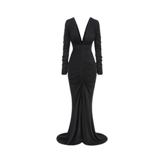 Pleated Deep V Long Sleeved Fishtail Pleated Dress