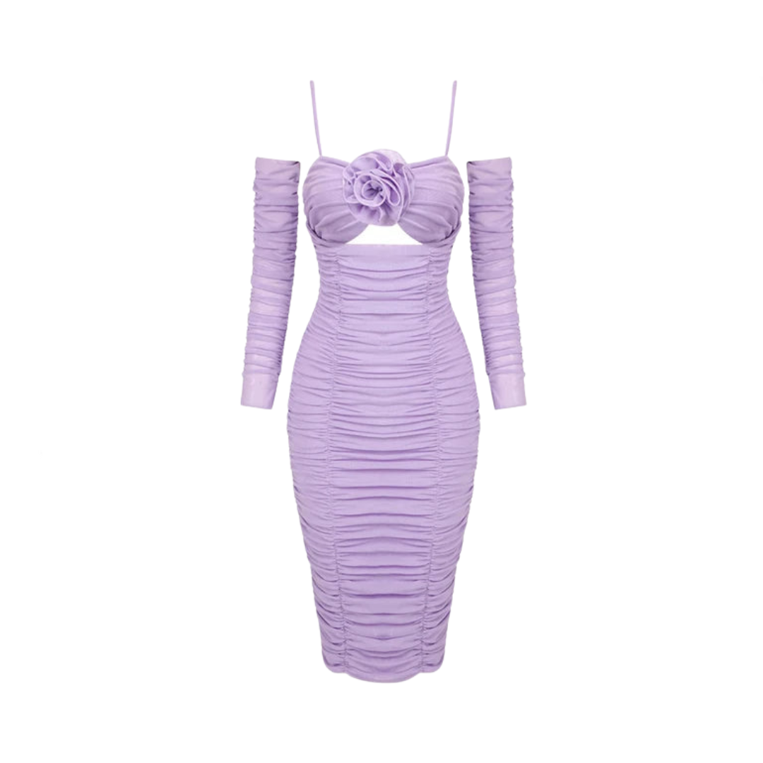 Purple Long Sleeved Slim Fit Flower Mesh Dress