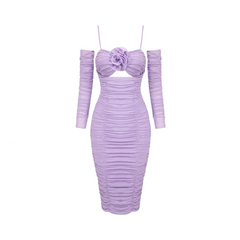 Purple Long Sleeved Slim Fit Flower Mesh Dress