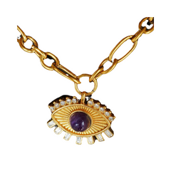 Gold Titanium Steel Eye Zircon Pendant Necklace