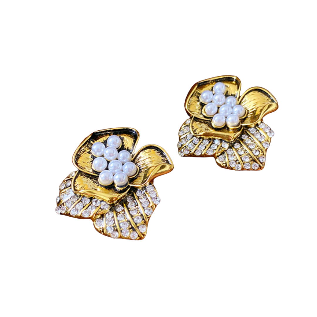 Diamond Studded Pearl Flower Clip Earrings