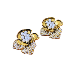 Diamond Studded Pearl Flower Clip Earrings