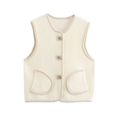 Loose Fit Sleeveless Trimmed Pocket  Pearl Fleece Vest