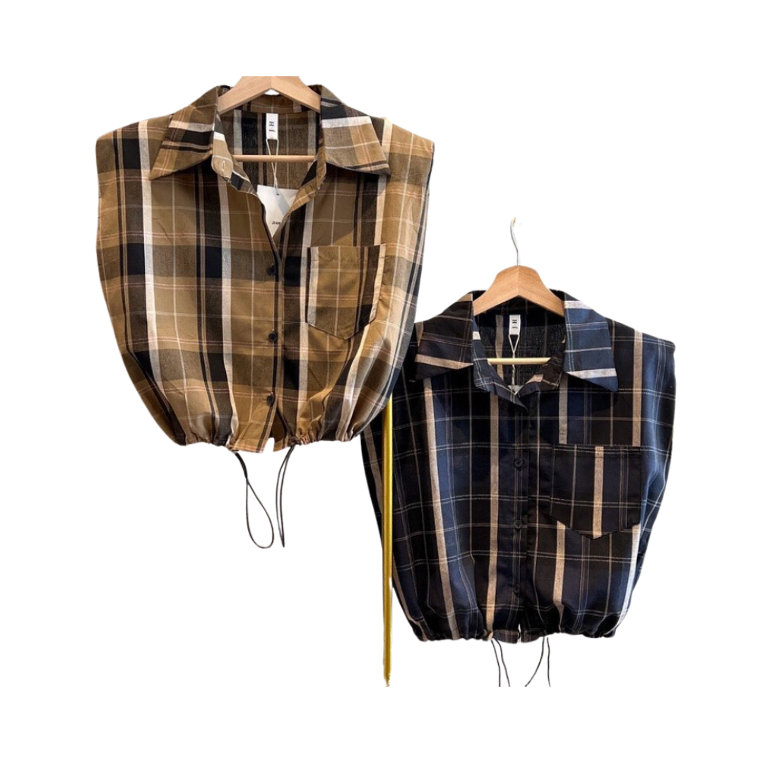 Plaid Drawstring Crop Shirt