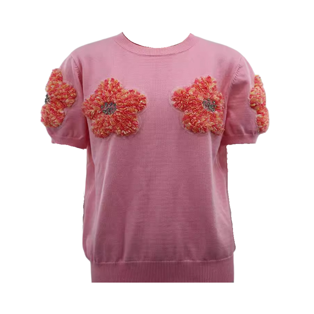 3D Flower Solid Round Neck Short Sleeve Shirt