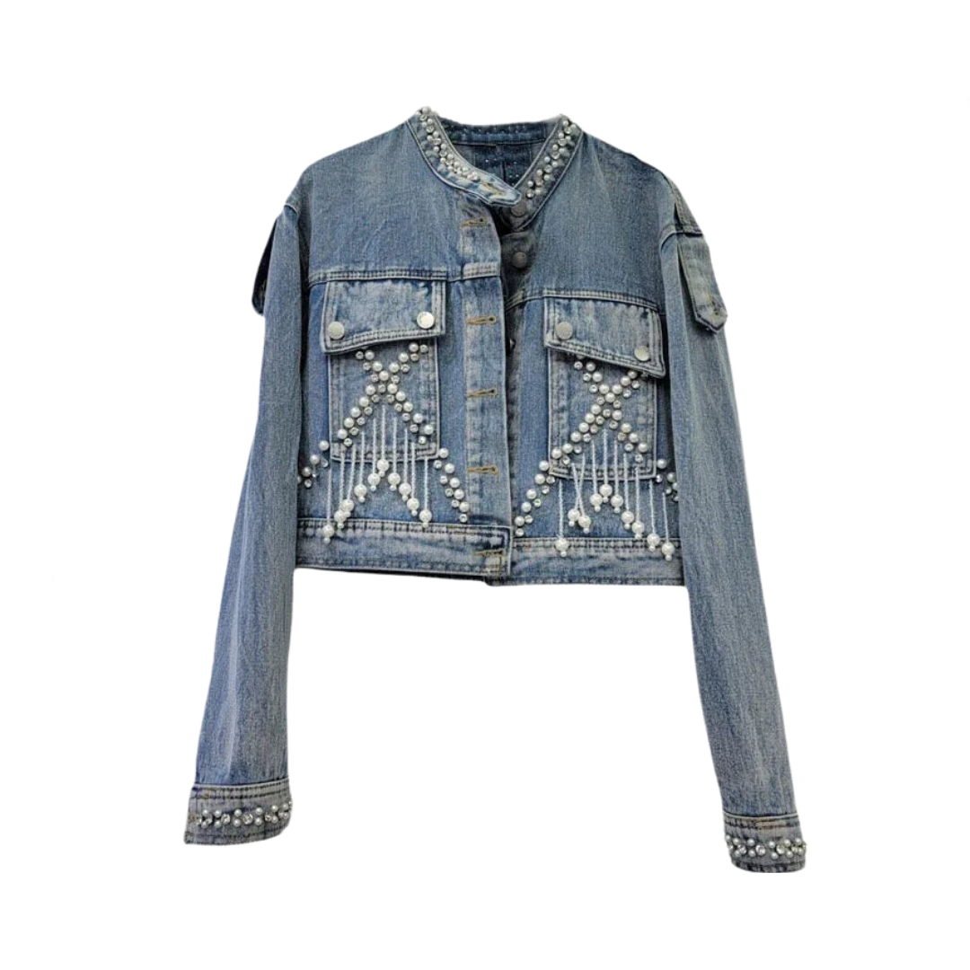 Pearl Studded Diamond Fringed Hollow Back Denim Jacket