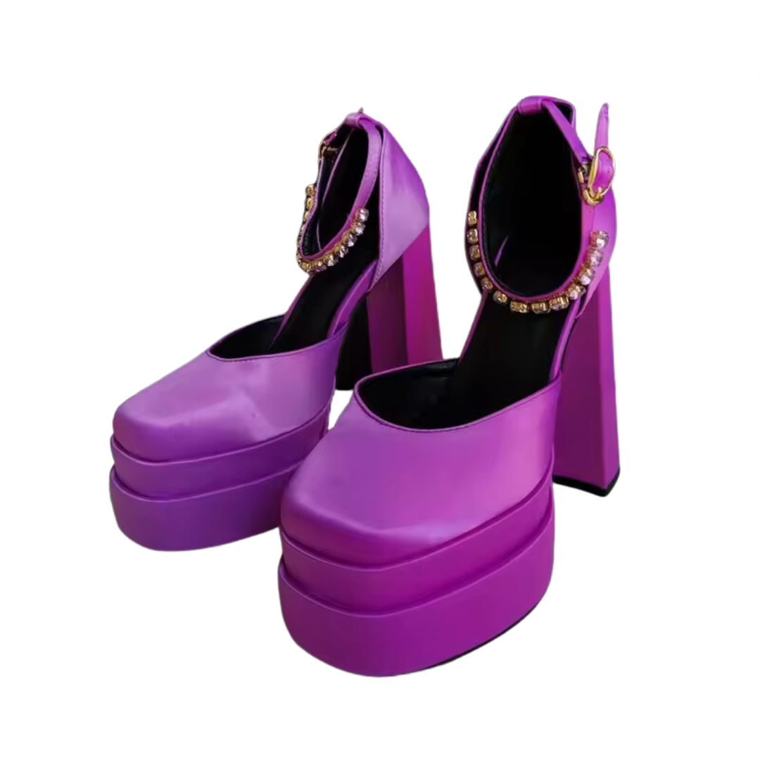 Chunky High Heel Square Toe Satin Sandals