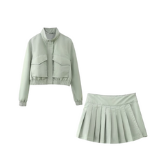Solid Zipper Jacket + Skirt Set