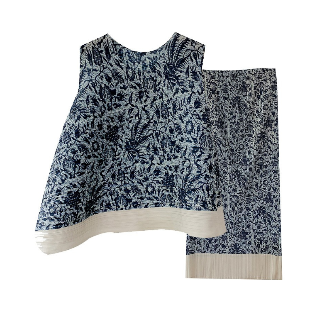 Pleated Irregular Vest + Straight Half Skirt Set