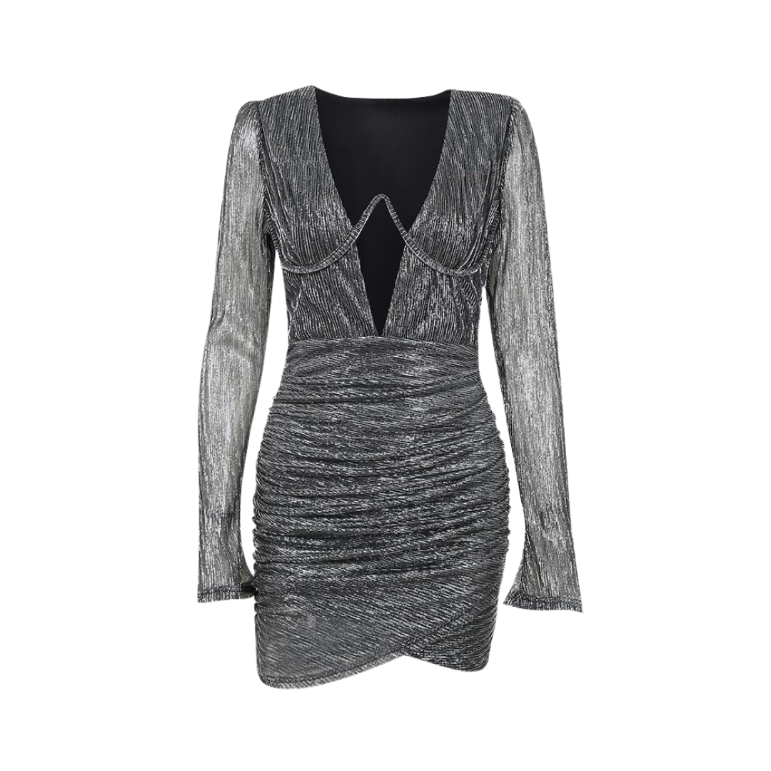 Steel Ring Pleated Padded Shoulder Deep V-Neck Dress