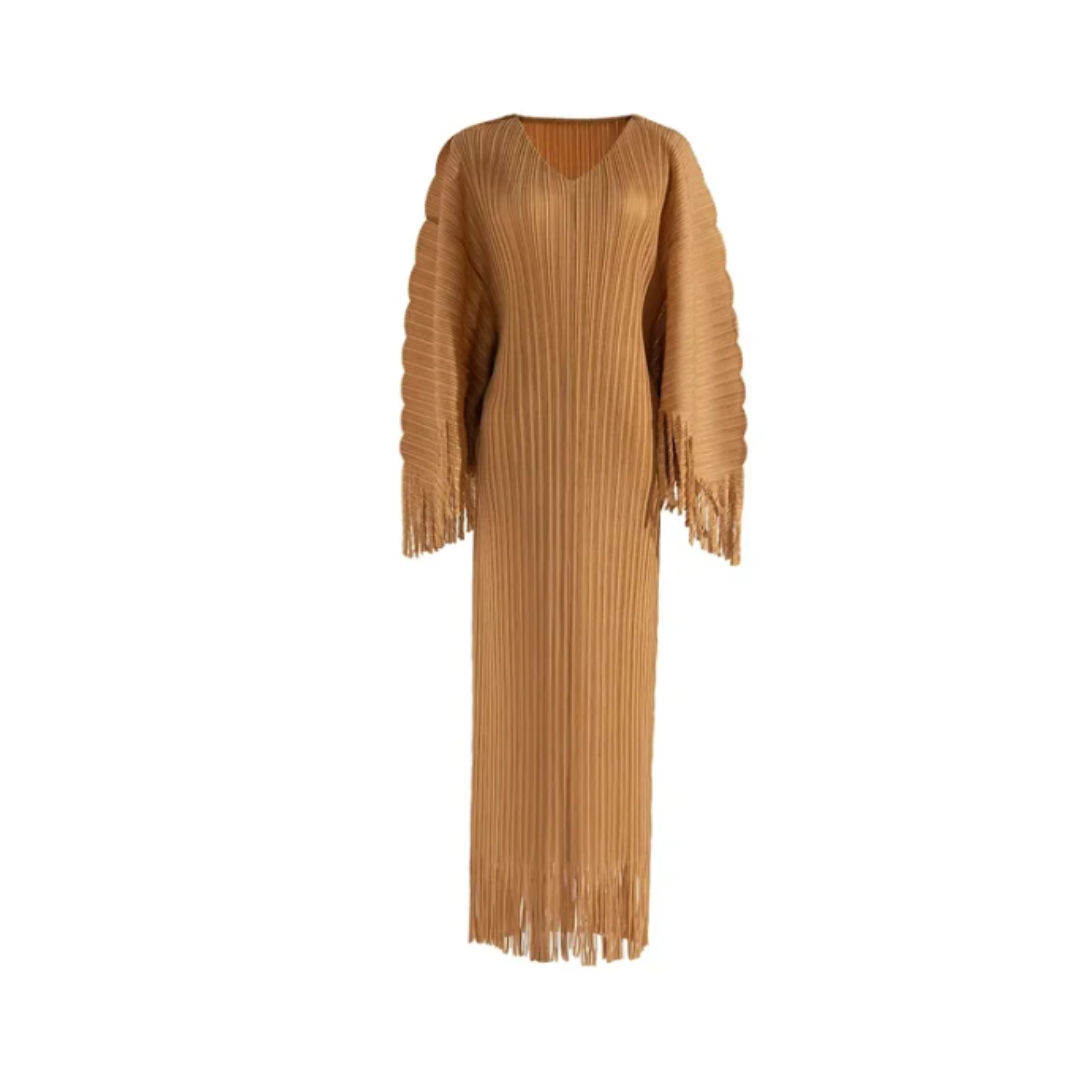 Pre Order:  Batwing V-Neck Pleated Spliced Tassel Dress