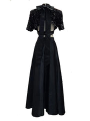 Sequins Cropped Top + Wide Slit Long Skirt Set