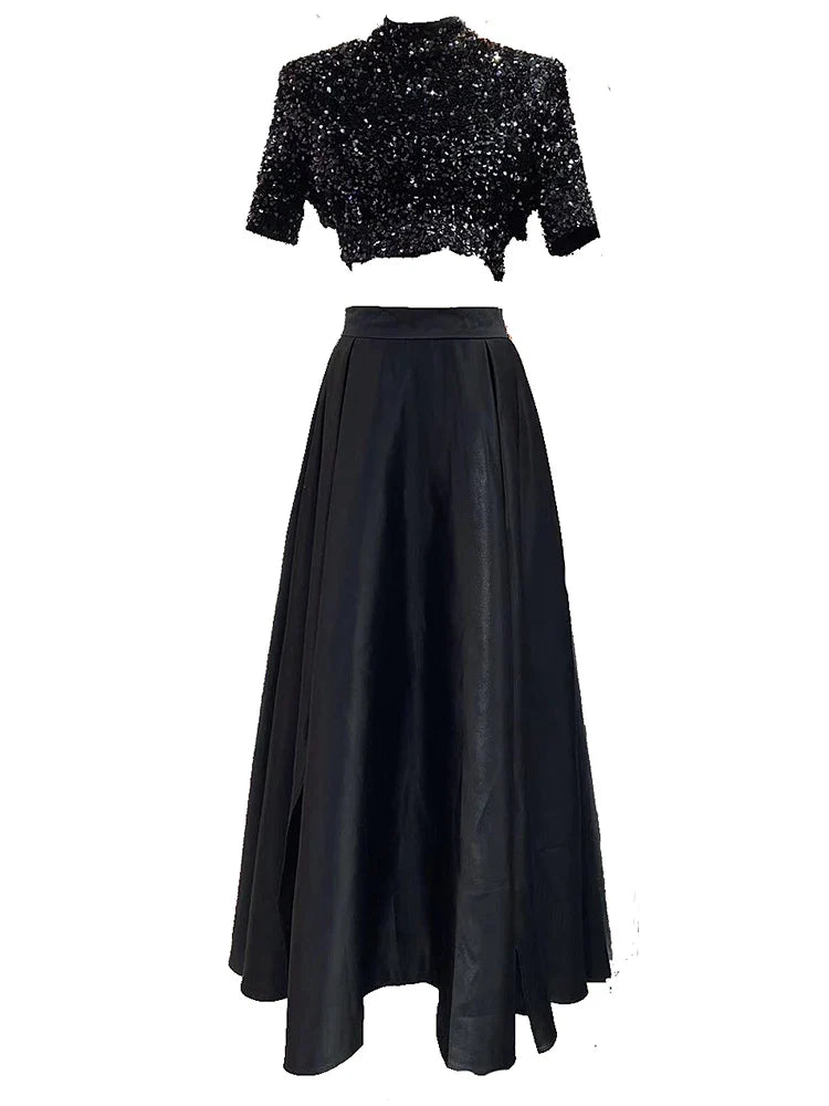 Sequins Cropped Top + Wide Slit Long Skirt Set