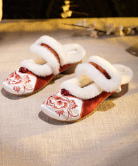 Red Slippers Shoes Chinese Style Embroidery Fuzzy Wool Lined