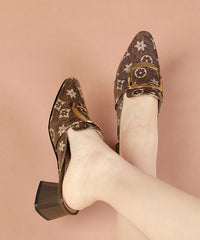 Elegant Embossed Chunky Brown Cowhide Leather Slide Sandals