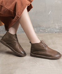 Coffee Boots Cowhide Leather Warm Fleece Fine Lace Up Flat Boots