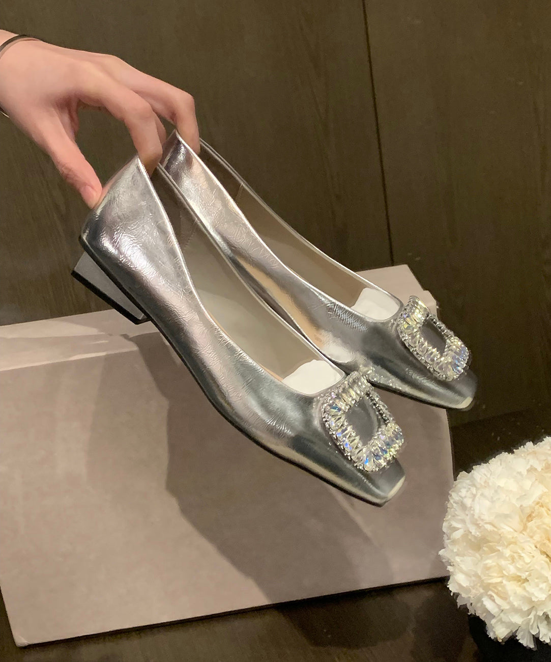 Fashion Zircon Sequined Flats Silver Cowhide Leather
