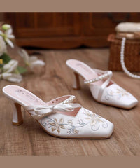 Chinese Style White Satin Embroidery High Heel Slippers