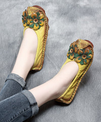 Floral Splicing Flat Shoes Yellow Cowhide Leather