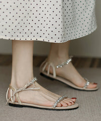Cowhide Leather Apricot Zircon Lace Up Splicing Walking Sandals